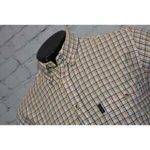 Beretta Shirt Mens Size Medium Seersucker Yellow Plaid Outdoor Sportsman Cotton